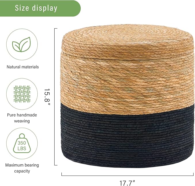 Wimarsbon Storage Pouf Ottoman, Hand Weaving Natural Straw Foot Stool, Bohemian Round Patio Ottomans, Rustic Lounge Pouffe, Outdoor Extra Seat for Garden