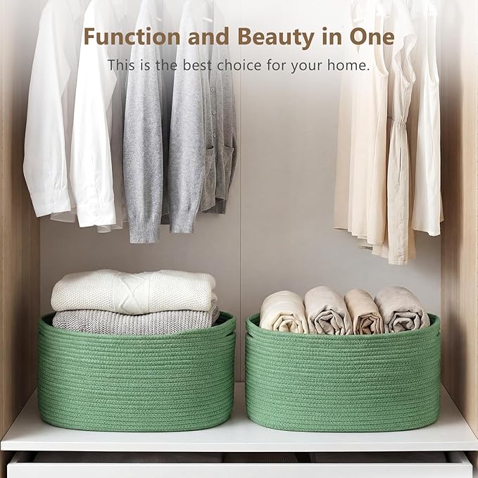 Cotton Rope Storage Basket, 15x10x9 Inches, Woven Basket for Shelves, Clothes, Towels, Books, and Laundry, Green (3 Pack)