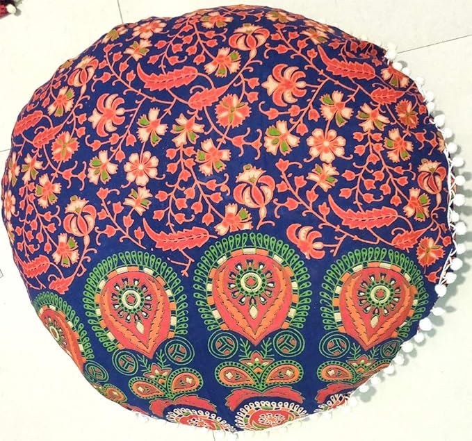CRAFT KALA Mandala Floor Pillow Cushion Cover Seating Throw Cover Hippie Decorative Bohemian Ottoman Poufs Pom Pom Pillow Cases Indian Cotton Living Room Home Décor 24" Round Set of 2, Multi Peacock