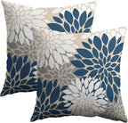 Blue and Grey Throw Pillow Covers 18X18 Inch Set of 2, Blue Gray White Dahlia Floral Print Decorative Pillowcases Outdoor Summer Modern Farmhouse Cushion Cases for Home Couch Sofa Bed Decor