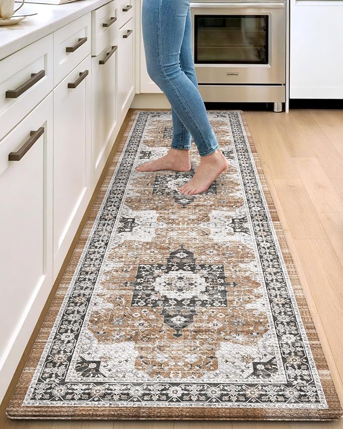 DEXI Kitchen Floor Mats Cushioned Anti Fatigue, 23x86 Long Rubber Standing Comfort Runner Rug, Waterproof Retro Floral Memory Foam Padded for Front Sink Laundry, Black/Brown