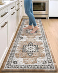 DEXI Kitchen Floor Mats Cushioned Anti Fatigue, 23x86 Long Rubber Standing Comfort Runner Rug, Waterproof Retro Floral Memory Foam Padded for Front Sink Laundry, Black/Brown