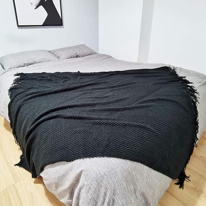 LOMAO Knitted Throw Blanket with Tassels Bubble Textured Lightweight Throws for Couch Cover Home Decor (Black, 60x90)