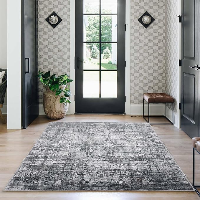 Area Rug 3×5, Vintage Boho Rug,Ultra-Soft Low Pile, Washable, Non Slip,Stain Resistant Printed Carpet for Living Room Bedrooms Playroom Office Kitchen, Dark Stone