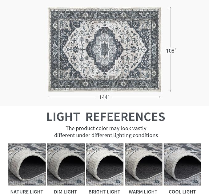 9x12 Vintage Washable Area Rug for Living Room,Low Pile Non Slip Carpet Non-Shedding Large Area Rug Soft Indoor Stain Resistant Rug Floral Print Mat for Bedroom Dining Room Blue Beige