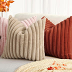 decorUhome Cozy Faux Fur Throw Pillow Covers 12x20 Set of 2 Decorative Soft Plush Striped Lumbar Modern Farmhouse Boho Couch Pillow Cases with Velvet Back for Sofa Bed Living Room, Rust