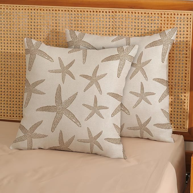 Brown Starfish Pillow Covers 18x18 Set of 2 Coastal Throw Pillows Spring Summer Nautical Ocean Theme Beach Decorative Pillow Cases Farmhouse Outdoor Decor Linen Cushion Case for Couch Sofa