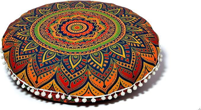 CRAFT KALA 22" Floor Pillows Cover for Sitting, Large Meditation Cushions Cover for Adults, Bohemian Mandala Round Pouf Seating Ottoman Cover for Outdoor Yoga and Living Room New Blue Ombre