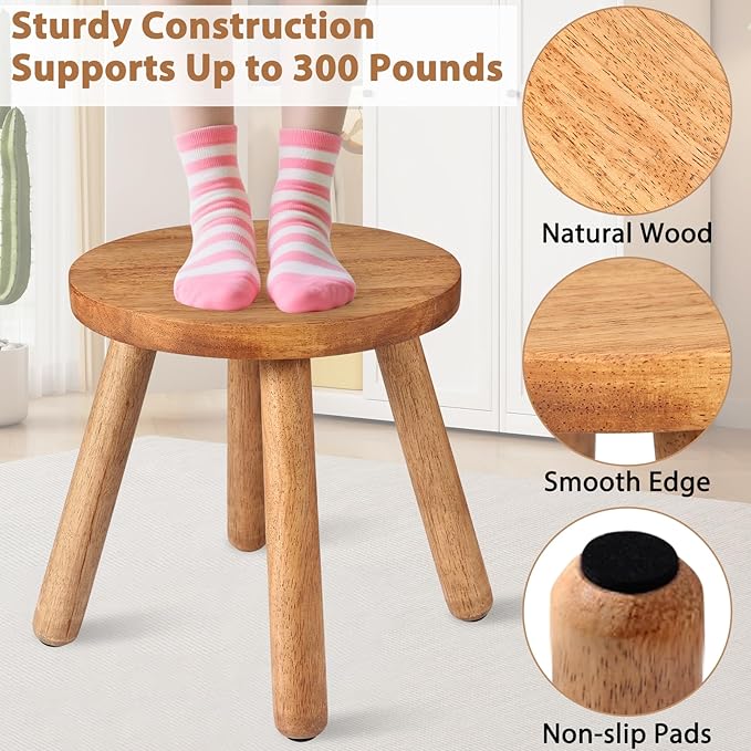 Round Solid Wooden Step Stool, 9.3''H Non-Slip Indoor Plant Stand, Portable & Sturdy Wooden Plants Stand, Gardening Display Footstool for Decor Living Room Patio -Walnut