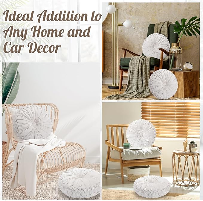 4 Pcs Round Throw Pillows 15 Inch Decorative Velvet Pleated Pumpkin Pillows Boho Floor Pillow with Center Button for Living Room Couch Chair Bed Sofa Home Decoration (Ivory)