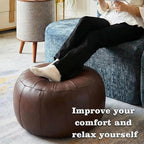 Leather Pouf - 20”Dx12”H, Wash-Free Tech Fabric Pouf Unstuffed Ottoman Moroccan Footstool, Floor Footrest Cushion, Storage Solution, Natural Orange Color Unstuffed Faux Leather Cover (Brown)