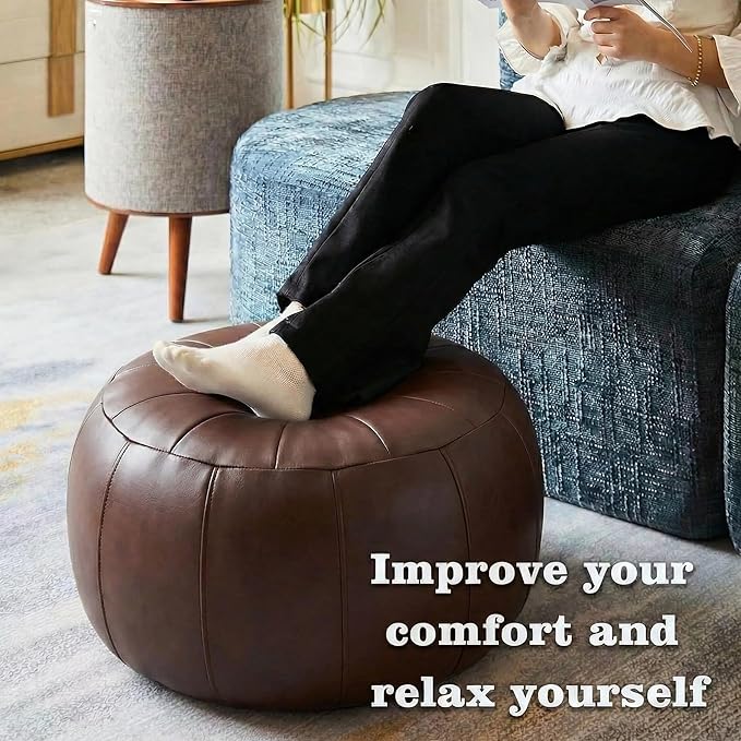 Leather Pouf - 20”Dx12”H, Wash-Free Tech Fabric Pouf Unstuffed Ottoman Moroccan Footstool, Floor Footrest Cushion, Storage Solution, Natural Orange Color Unstuffed Faux Leather Cover (Brown)