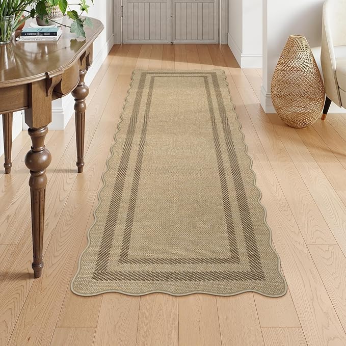LIVEBOX Scalloped Washable 2x6 Kitchen Runner Rug, Easy Jute Geometric Tan Rugs for Entryway, Indoor Outdoor Non Slip Rug Farmhouse Modern Carpet Door Mat for Porch Bedroom Laundry Room Hallway
