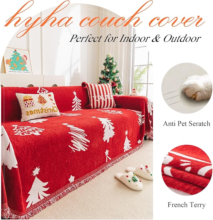 hyha Couch Cover for Dogs, Boho Sofa Covers for 3 Cushion Couch Washable, Chenille Sofa Slipcover for Pets, Soft Loveseat Sectional Couch Throw Blankets with Tassels (Red Christmas tree,88.5x134 Inch)