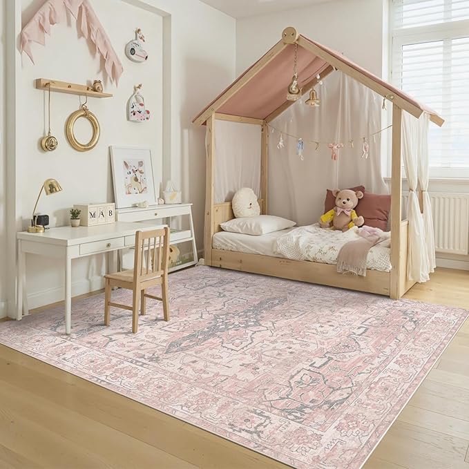 Pink Rug for Living Room Bedroom, 5x7 Washable Area Rugs, Cute Boho Style, Non Slip & Low Pile Faux Wool Carpet for Indoor Nursery Room, Classroom Dorm, Kids Room and Dining Room(Pink 5x7ft)