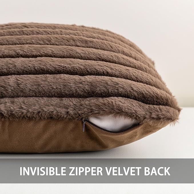 Pack of 2 Faux Fur Fall Throw Pillow Covers 18x18 Inch, Soft Plush Striped Neutral Couch Pillow Cover, with Velvet Back Modern Home Decor for Sofa Living Room Couch Bed Dark Coffee