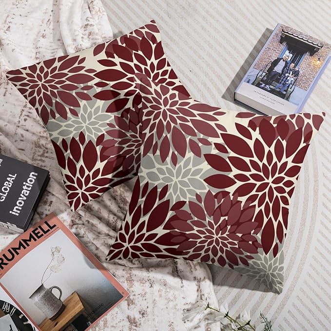 Burgundy Grey Gray Pillow Covers 16X16 Inch Set of 2, Dahlia Flower Spring Summer Floral Cream Decorative Throw Pillow Covers Outdoor Modern Farmhouse Cushion Case for Home Couch Sofa Bed Decor