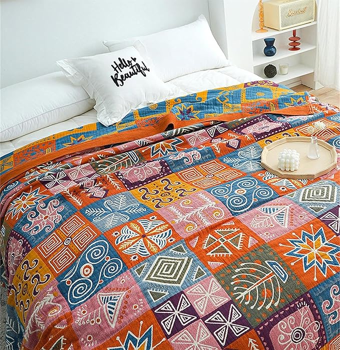 MSGKV Spring Cotton Throw Boho Blanket for Couch Bed, 80''x90'' Muslin Brathable Lightweight Travel Decor Blanket for Bedroom