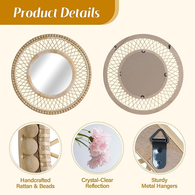 Round Beaded Rattan Wall Mirror – 28x28 Inch Boho Elegance with Woven Frame and Wooden Bead Trim, Decorative Mirror for Bathroom Vanity Entryway Living Room