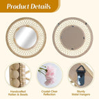 Round Beaded Rattan Wall Mirror – 28x28 Inch Boho Elegance with Woven Frame and Wooden Bead Trim, Decorative Mirror for Bathroom Vanity Entryway Living Room