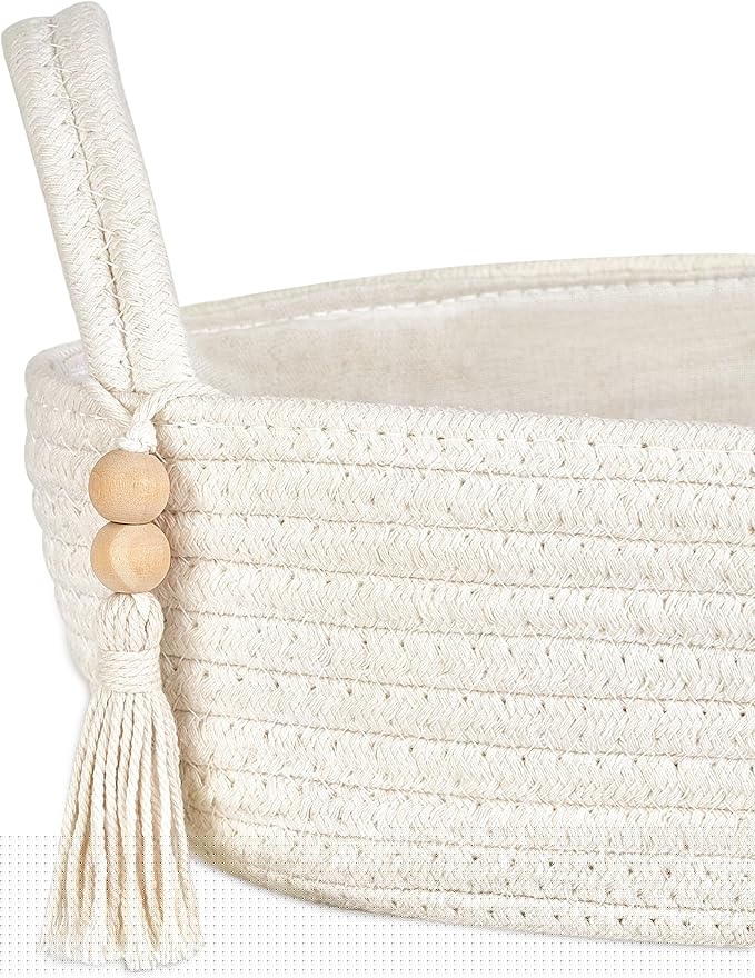 Mkono Small Storage Basket for Toilet Tank Top Boho Bathroom Decor Woven Rope Toilet Paper Tray Organizer for Shelf Bedroom Living Room, White, 1 Pack, 15.7" L x 6" W