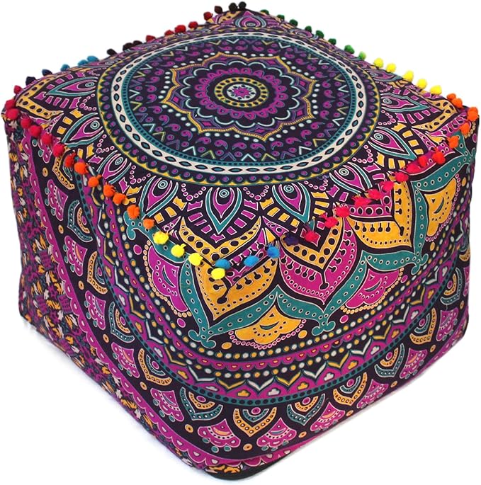 CRAFT KALA Large Hippie Mandala Meditation Floor Ottoman Pillow Cushion Pouf Cover Square Poufs Cover Bohemian Floor Cushion Cover Outdoor Fireplace Living Room Decor 22X22X14 inches, New Pink Ombre