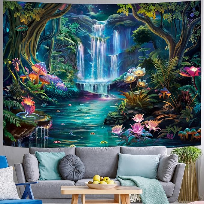 Generleo Forest Waterfall Tapestry Mushroom Flower Tapestries Natural Landscape Tapestries Colorful Floral Plants Wall Art Decor Fantasy Aesthetic Tapestry Wall Hanging for Bedroom