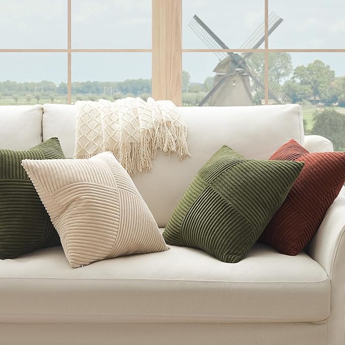 Topfinel 12x12 Inch Olive Green Decorative Throw Pillow Covers Set of 2,Soft Corduroy Small Couch Pillow Covers Windmill Textured Striped Patchwork Cushion Cover Cute Aesthetic Home Decor