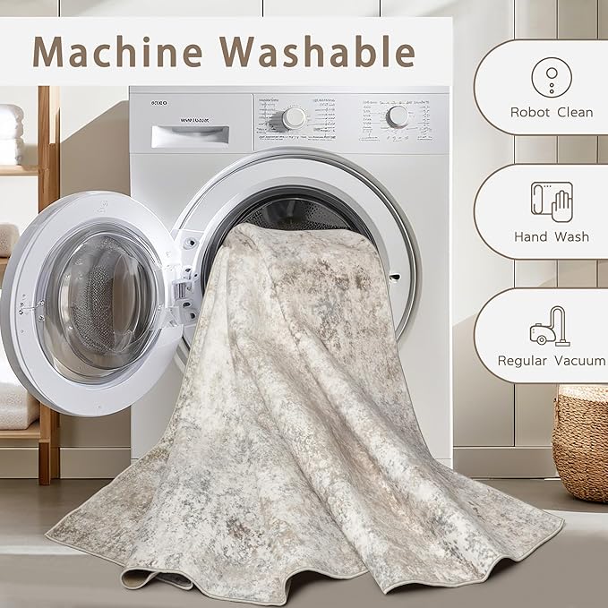 Washable Rugs 10x14 Area Rugs for Living Room,Modern Abstract Rugs for Bedroom,Large Carpets,Ultra Soft Faux Wool Retro Dining Room Rug,Non Slip&Non-Shedding Low Pile Print Rug- Beige Grey