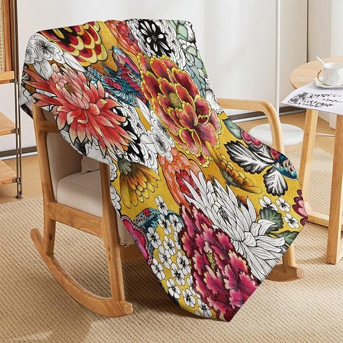 Boho Floral Throw Blanket Bohemian Colorful Flowers Print Mandala Blanket for Sofa Bed Couch Chair Or Dorm 50"x60"