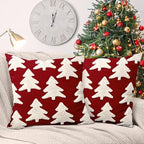 Red Christmas Tree Embroidery Decorative Throw Pillow Covers 18 x 18 Set of 2, Xmas Pine Trees Tufted Porch Outdoor Home Decor, Winter Holiday Plush Faux Fur Jacquard Sofa Couch Cushion Case
