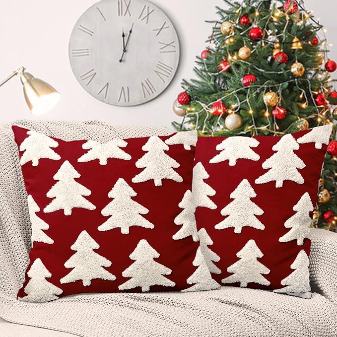 Red Christmas Tree Embroidery Decorative Throw Pillow Covers 18 x 18 Set of 2, Xmas Pine Trees Tufted Porch Outdoor Home Decor, Winter Holiday Plush Faux Fur Jacquard Sofa Couch Cushion Case