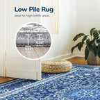 Lessymo 4FT Washable Round Area Rugs for Living Room, Non Slip Circle Rugs Low Pile Vintage Carpet for Bedroom, Dining Room, Nursery, Home Office, Blue White