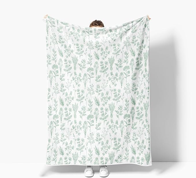 Floral Fuzzy Blanket Green Floral Throw Blanket, Botanical Flowers Blankets, Soft, Flannel, Warm, Boho Flowers Bed Blankets All Season for Couch Bedroom Living Room 60X90 Inch