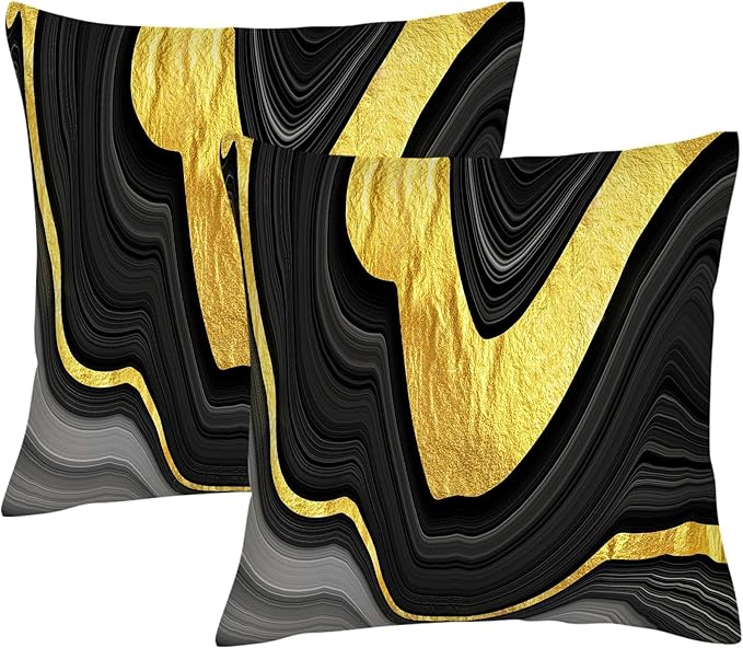 Black and Gold Marble Texture Throw Pillow Covers 18x18 Inch Set of 2, Decorative Gold and Black Grey Modern Boho Art Pillow Covers for Office Couch Sofa Bedroom Living Room Farmhouse Home Decor