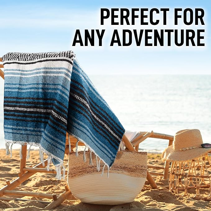 Hydration Nation Authentic Extra Large Mexican Blanket (70"x50") - Handwoven Yoga, Serape- Artisanal Falsa, Beach, Camping, Picnic, Outdoor - Sky Blue
