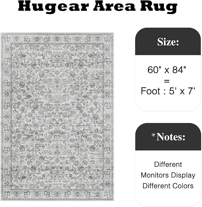 HUGEAR Grey Area Rug 5x7 Machine Washable Living Room Rugs Distressed Neutral Vintage Floral Low Pile Carpet Bedroom Office Dining Room Laundry Room Non Slip Soft Lightweight