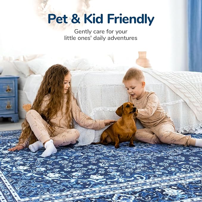 Lessymo 3 x 5 Area Rugs for Living Room- Machine Washable Area Rugs Boho Faux Wool Low Pile Area Rug for Bedroom Floral Medallion Vintage Rugs with Non-Slip Rubber, Kid & Pet Friendly,Blue White