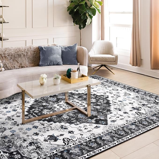 Amearea Vintage Design Area Rugs for Living Room, 8x10 Machine Washable Floral Collection Traditional Bedroom Rug, Low Pile Cute Kids Room Print Carpet, No Slip Office Kitchen Home Decor, Black