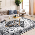 Amearea Vintage Design Area Rugs for Living Room, 8x10 Machine Washable Floral Collection Traditional Bedroom Rug, Low Pile Cute Kids Room Print Carpet, No Slip Office Kitchen Home Decor, Black