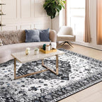 Amearea Vintage Design Area Rugs for Living Room, 4x6 Machine Washable Floral Collection Traditional Bedroom Rug, Low Pile Cute Kids Room Print Carpet, No Slip Office Kitchen Home Decor, Black
