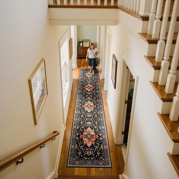 Area Rugs 2'x10' Runner Rug Non Slip Washable for Kitchen Hallway Bedroom Beside Laundry Room Bathroom Rug, Floor Carpet, Black Colorful Floral Dark Tan