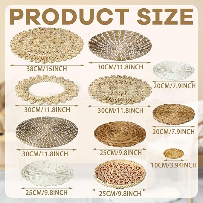 Xuhal 15 Pcs Boho Wall Basket Decor Handcrafted Seagrass Woven Wall Basket Rustic Round Woven Hanging Art for Home Farmhouse Kitchen Table Living Room(Fresh Style)
