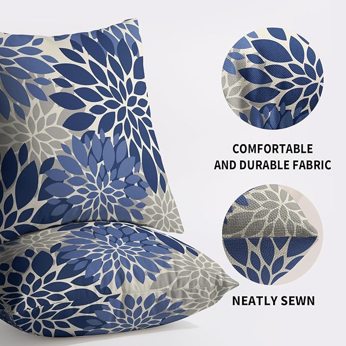 Blue Grey Gray Pillow Covers 24X24 Inch Set of 2, Dahlia Flower Spring Summer Floral Cream Decorative Throw Pillow Covers Outdoor Modern Farmhouse Cushion Case for Home Couch Sofa Bed Decor