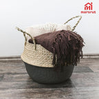 2Pcs Basket for Plant Artificial Trees, 13x11 Inch Seagrass Wicker Pots, Woven Planter Set Eco-Friendly Round Boho Holder Base with Handles for Home Decor Indoor Storage Solution, Black Bottom Pattern