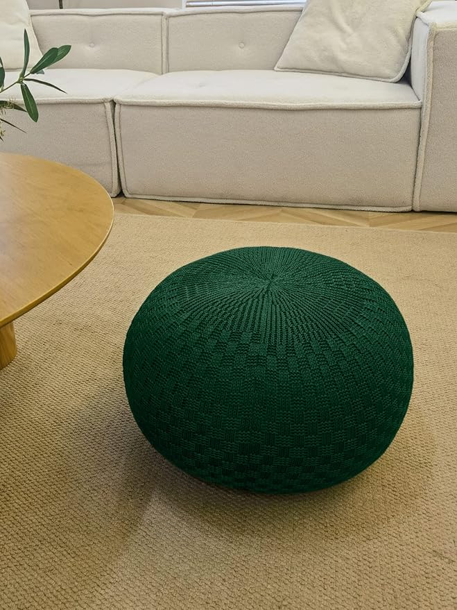 ARTPLAN - Round Knit Pouf - Woven Floor Ottoman - Handmade & Hand Stitched - 19.7 Dia x 12.8 High - Boho Home Décor - Living Room - Bedroom,Invisible Green