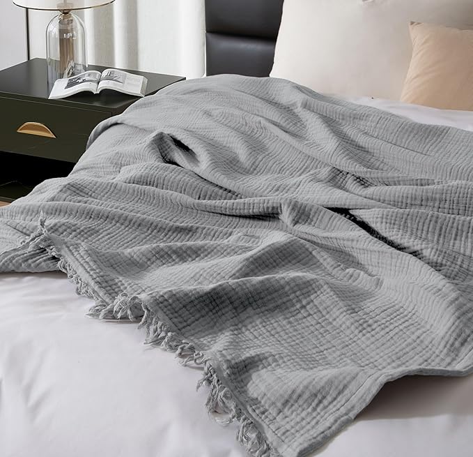 KyraHome 100% Organic Cotton Blanket 90"x90" Queen Muslin Blankets for Adults, Bed, Plant Dyed, Breathable Gauze Bedspread, Coverlet, All Season, Light Grey