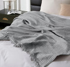 KyraHome 100% Organic Cotton Blanket 90"x90" Queen Muslin Blankets for Adults, Bed, Plant Dyed, Breathable Gauze Bedspread, Coverlet, All Season, Light Grey