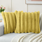 FUTEI Mustard Yellow Decorative Throw Pillow Covers 16x16 Inch Set of 2, Square Soft Faux Rabbit Fur Big Striped Cushion Cover,Home Decor for Couch Sofa Bed Living Room
