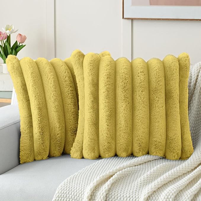 FUTEI Mustard Yellow Decorative Throw Pillow Covers 26x26 Inch Set of 2, Square Soft Faux Rabbit Fur Big Striped Cushion Cover,Home Decor for Couch Sofa Bed Living Room